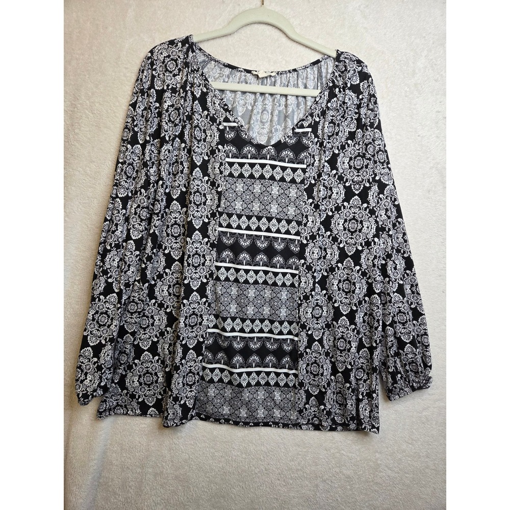 Como Blu Women's 2X Blouse Black and White Long Sleeve Loose Fit
